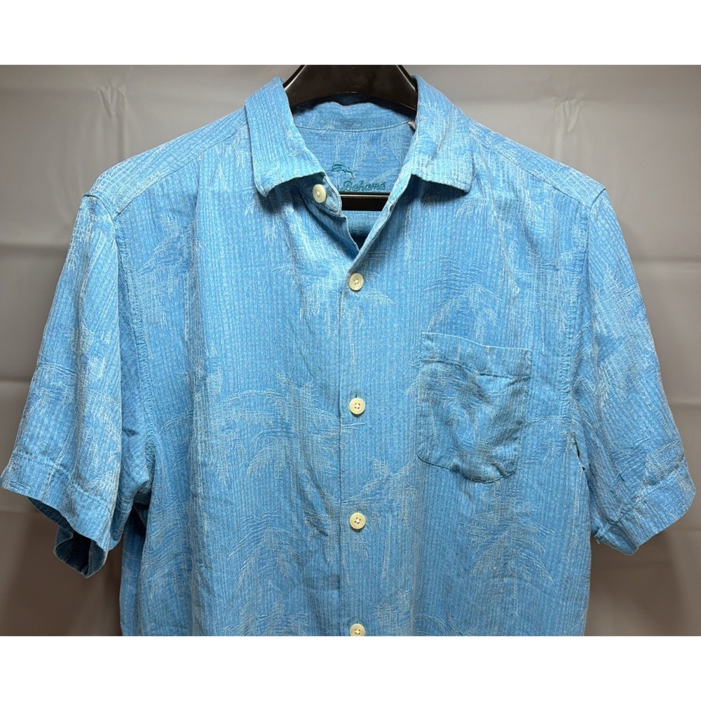 Tommy Bahama Bali Border Silk Camp Shirt Medium M Blue Palm Tree T320940